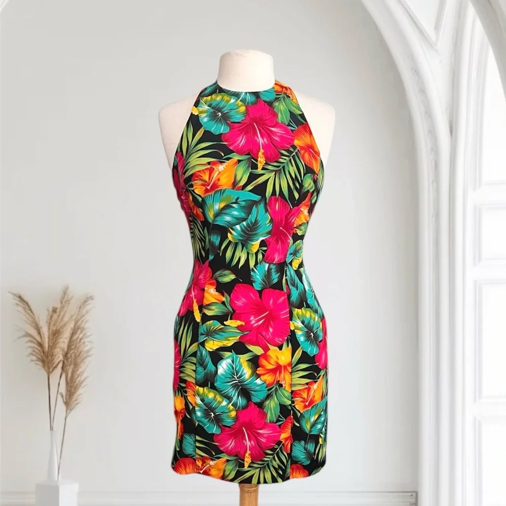 La Belle Vintage Dress Tropical Floral Mini Halter S Small M Medium - Picture 1 of 4